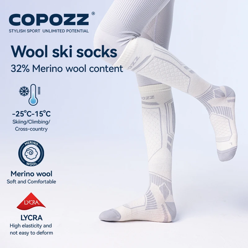 COPOZZ Merino Wool Winter Ski Socks Men Women Thermal Knee-high Ski Socks Warm Thickened Snowboard Soccer Socks Adult Female