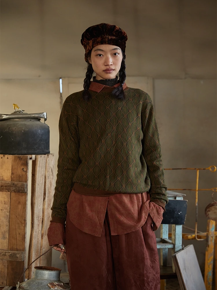 

Original Left Bank Scenic Area Knitted Top Casual round Ne Loose Sweater Warmth Emitting Diamond Pattern Commute Sle Long...