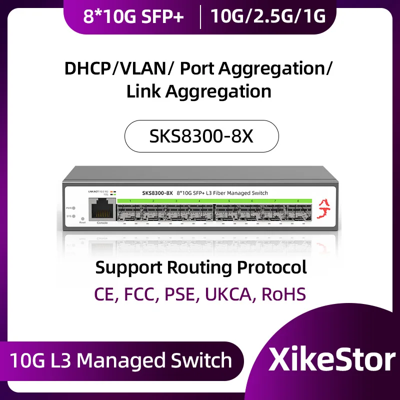 XikeStor All 10G L3 Managed 8 Ports 10G SFP+ Ethernet CLI/WEB Management Support VLAN/ Port Aggregation