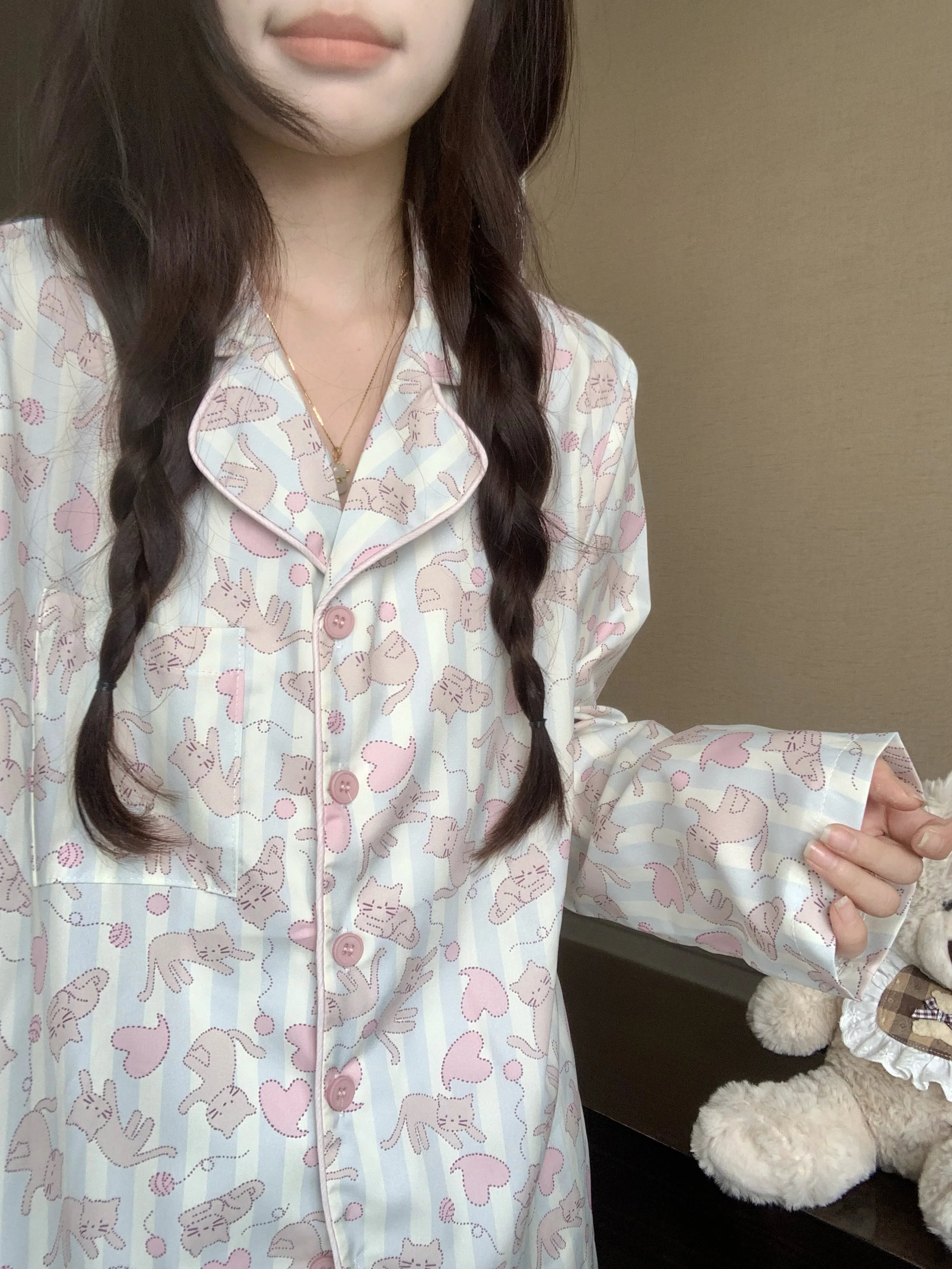 2025 New Cartoon Print Cotton Long Sleeve Pajama Set Spring and Autumn Japanese Sweet Doll Style Cute Homewear for Women
