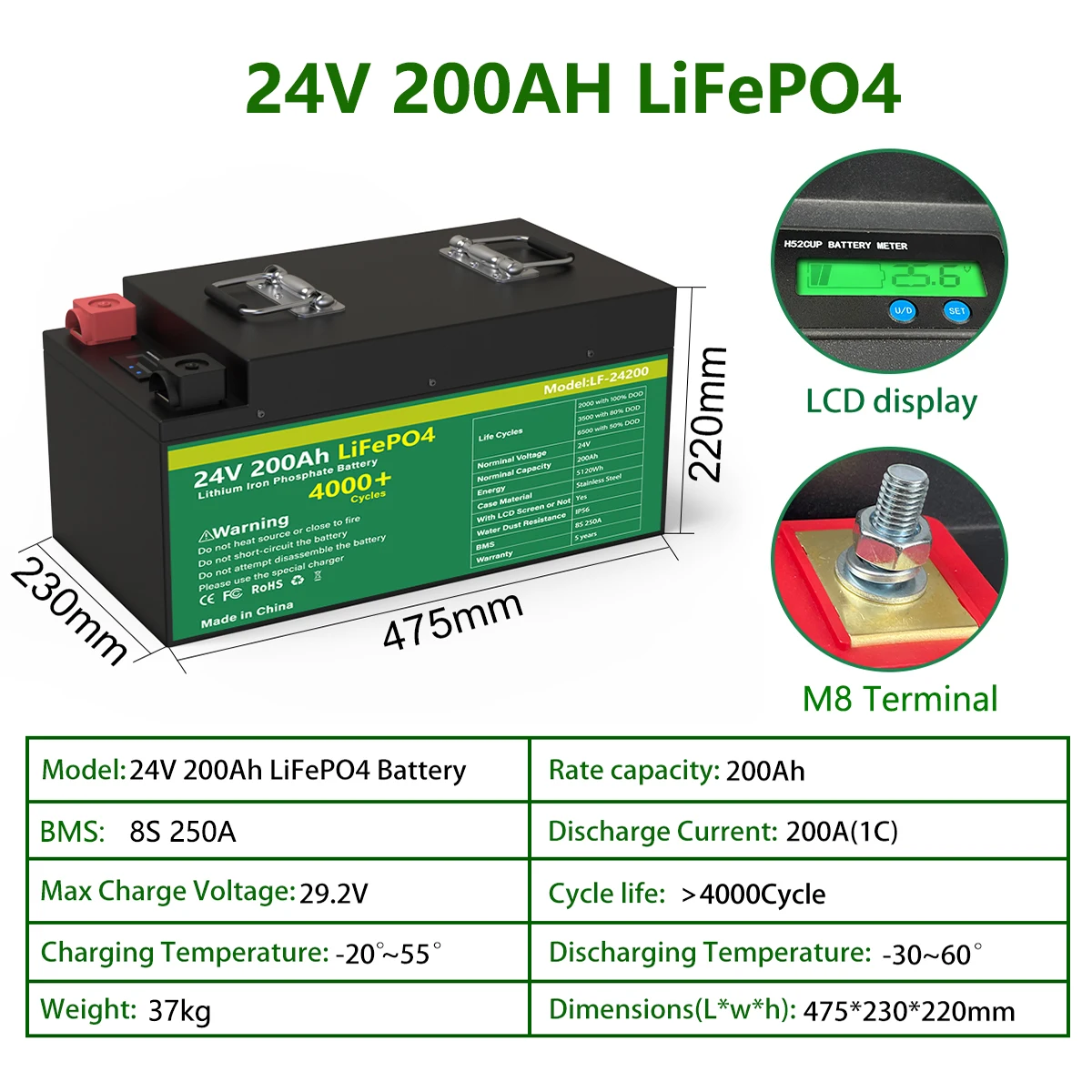 LiFePO4 24V 100AH 200AH 300AH Battery Pack 29.2V Lithium Solar Battery Grand A Cells Built-in BMS 5000+ Cycle For Boat EU STOCK