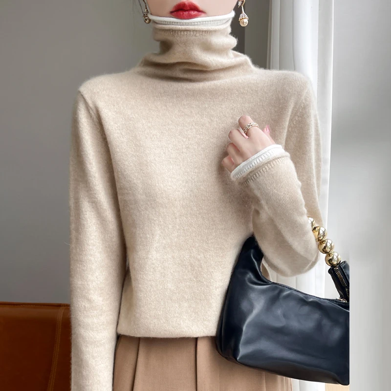 24 Autumn and winter new 100% Merino wool pile collar knitted bottom female white edge false two turtleneck loose pullover sweat