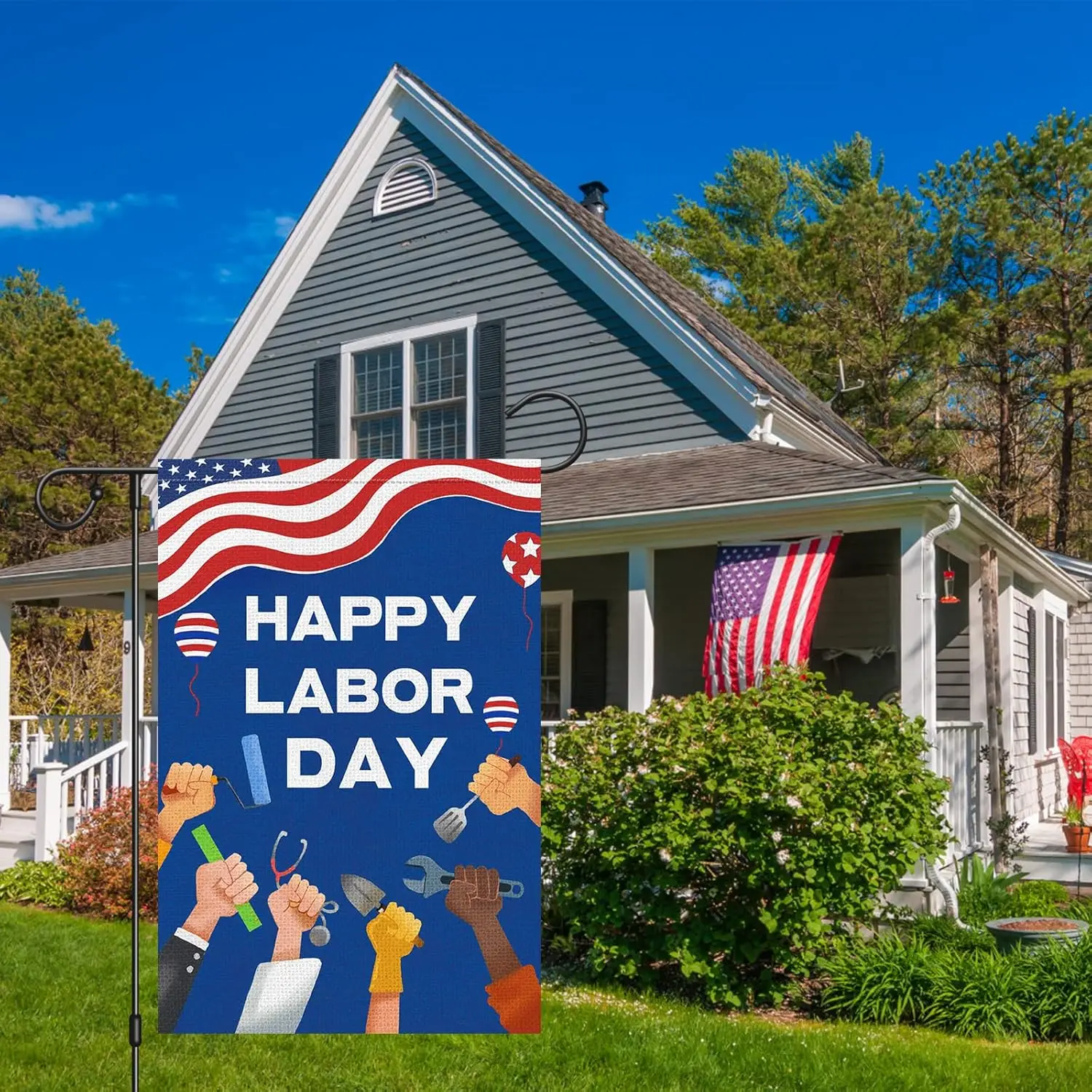 Happy Labor Day Garden Flag Working Tools Patriotic USA Flags 12 x 18 Double Sided Burlap Banner for Outdoor Outside Garden Farm