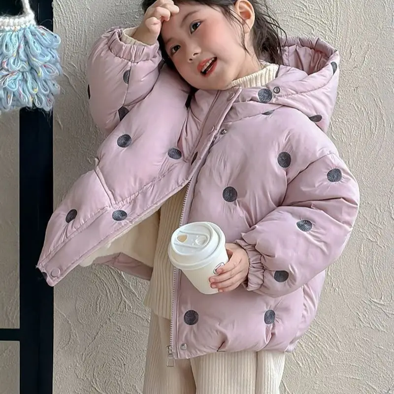 Girls Polka Dot Quilted Coat Fall Winter New Kids Thick Warm Hooded Jacket Baby Stylish Cotton Coat