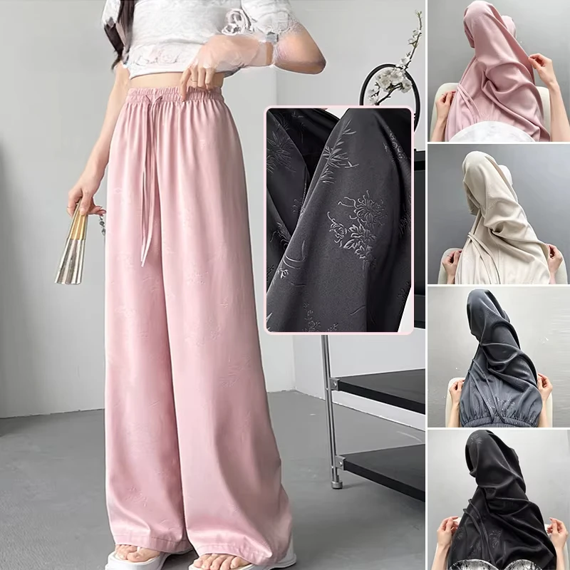 Women Elegant Summer Satin Chinese Style Straight Pants Streetwear Vintage Wide Leg Pants Casual Loose High Waist Trousers