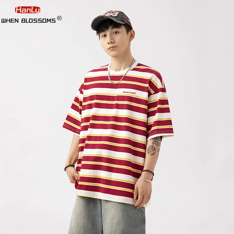 Retro Red Striped Short Sleeve T-shirt For Men Women\'s Summer Oversized Loose Letter Embroidery Trendy Brand T-shirt