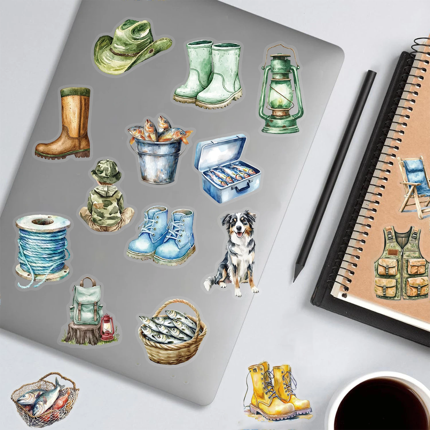 50PCS Fishing Theme Stickers Nostalgia Exquisite Living Room Laptop Motorcycle Coffee Waterproof Suitcase Material Sticker