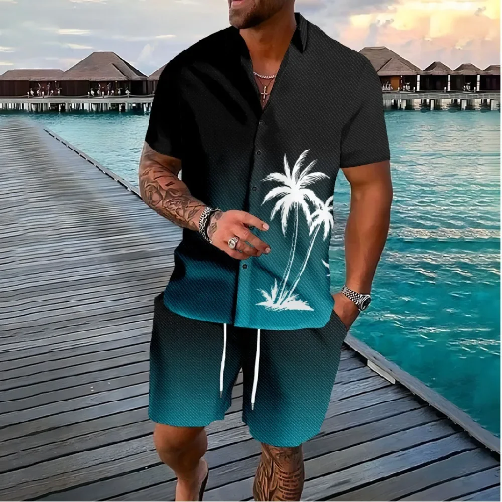 Hawaii Palme Knopf Hemden Shorts Trainings anzüge Sommer Strand 2 Stück Sets coole Hipster Streetwear lässige Männer Kleidung