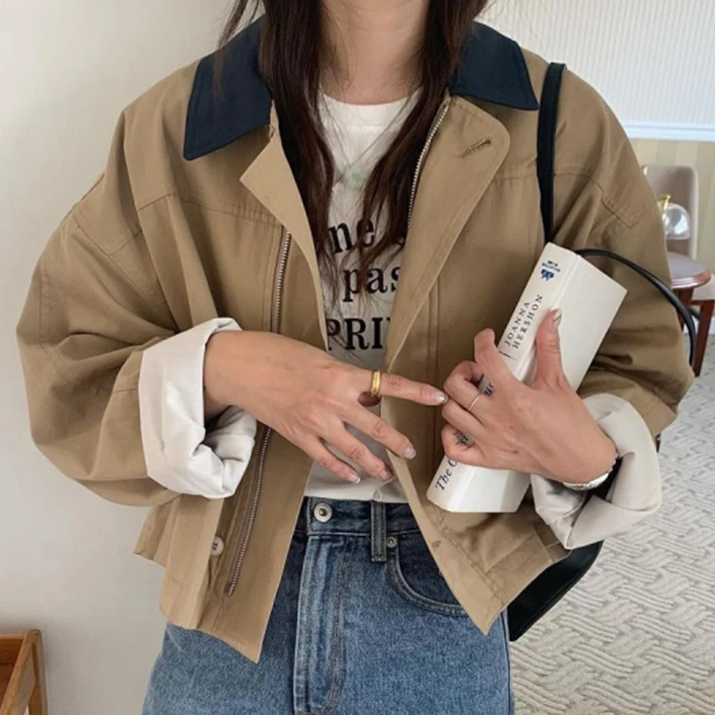 เสื้อโค้ทสไตล์เรโทรชิคสำหรับทำงาน แจ็คเก็ตหรือเสื้อคลุมตัวนอกทรงหลวม แขนยาว ปกพับติดกระดุมเม็ดเดียว แฟชั่นผู้หญิงสำหรับฤดูใบไม้ร่วง