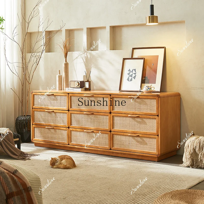 

Wabi Sandy Wind Solid Wood Rattan Jiudou Cherry Edge Drawer Storage Storage Cabinet Japanese Style FT