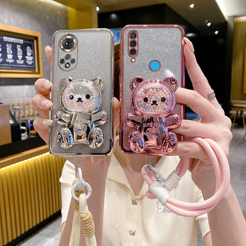 Honor50 Honor60 Gilitter Bear Wrist Strap Phone Case On For Huawei Honor 50 10 20 30 30S 60 70 80 90 100 SE Lite GT Stand Cover