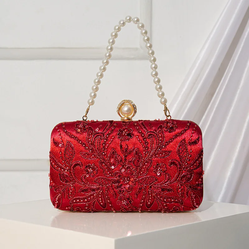 Chinese Style Women's Silver Pearl Embroidered Evening Bag Pearl Straps Bridal Wedding Clutch Handbag Beading Burgundy Purse