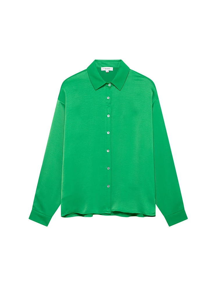 

KUCLUT Women Fashion Green Single Breasted Blouse Vintage Lapel Neck Long Sleeves Female Chic Lady Shirts
