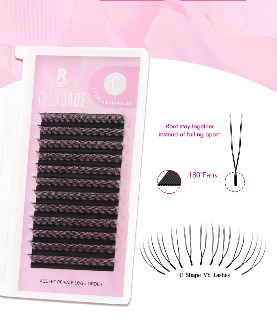 RUJADE U-förmige YY-Wimpernverlängerung, mattschwarz, natürlich, weich, U2D, U3D, U5D, W-förmige Wimpern, vorgefertigte Fächer, handgewebte Bloom-Wimpern – Detail 8
