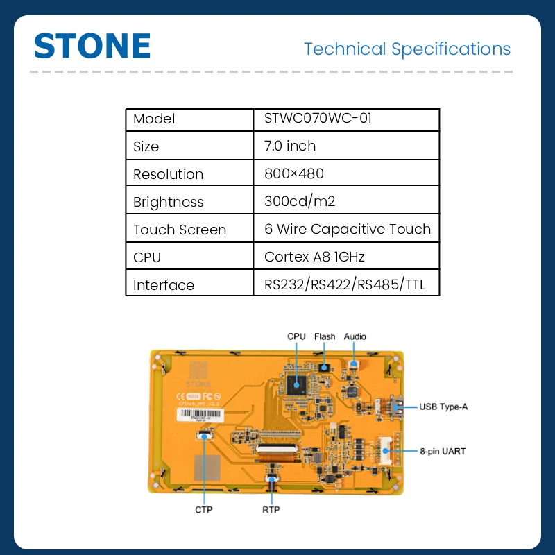 STONE HMI C 7 Inch 800*400 LCD Display Module with Capacitive Touch Screen Monitor+High Resolution+TTL/RS485 for Arduino
