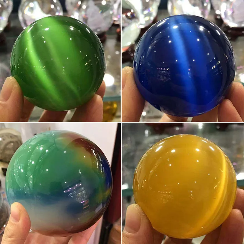 40/50/60MM Colorful Rare Natural Cat's Eye Stone Balls Quartz Crystal Base Reiki Healing Sphere Office Home Decor feng shui Ball