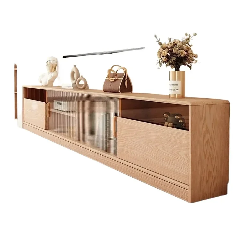 for All Solid Wood TV Cabinet Narrow Ultra Thin Modern Simple Small Apartment Log Floor to Ceiling Side Cabinet Living Room