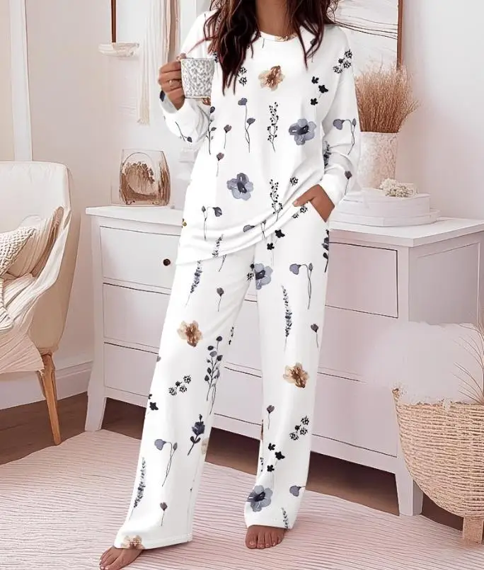 

Casual 2 Piece Sets Woman Outfit Leisure Home Floral Print Loose O-Neck Long Sleeved Top and Casual High Waisted Y2K Pants Set
