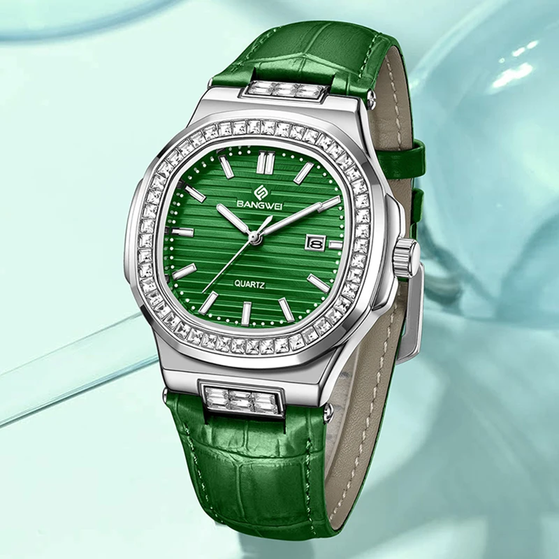BANGWEI LIGE Elegant Women's Bracelet Watch Simple Green Leather Waterproof Quartz Square Chronograph Wrist Watches For Women