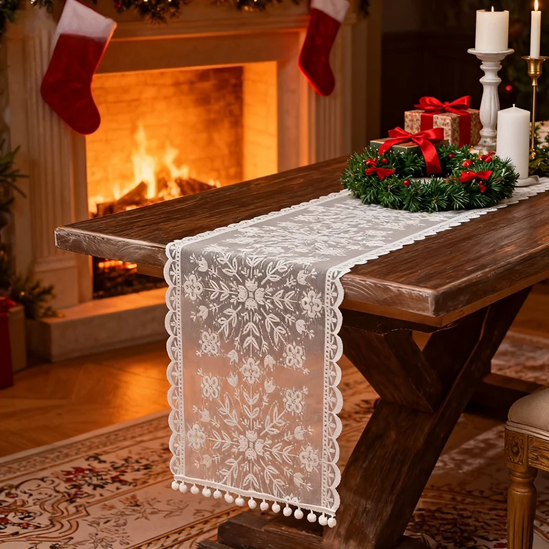 

Floral Embroidery Cotton Lace Table Runner Vintage Style Table Cover with Tassels for Christmas Wedding Party Dining Decoration
