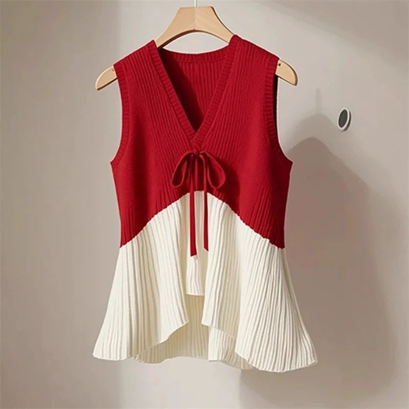 

New Korean Fashion Autumn Sleeveless Contrasting Color Knit Cardigan Sweater V-neck Casual Loose Sweater Waistcoat Female