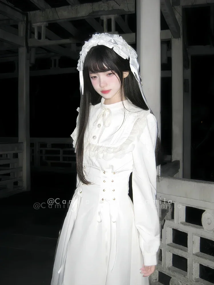 القوطية نمط ربيع الخريف مزاجه عالية الخصر فستان طويل للنساء الحلو الدانتيل دمية طوق الدانتيل متابعة فساتين خمر 2025 جديد #3