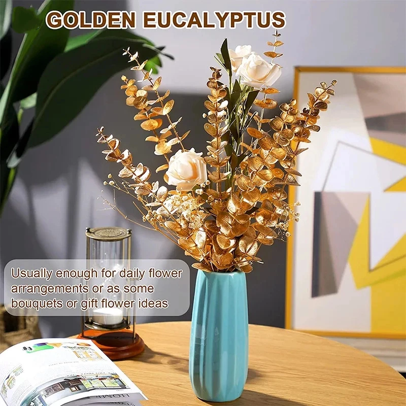 10 Stück goldene Eukalyptusblätter, künstlicher Seidenblumenstrauß für Zuhause, Tischdekoration, Herbst, Ernte, Erntedankfest, Dekoration