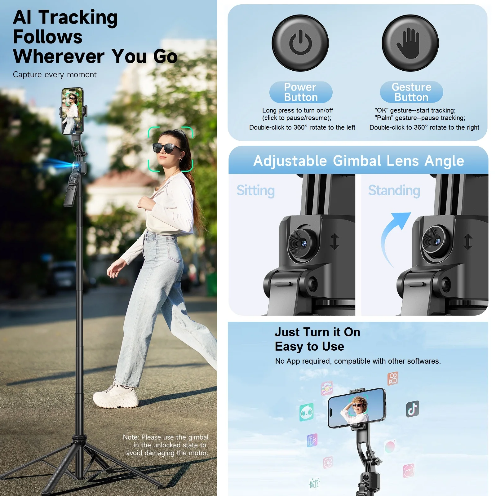 Extendable Auto Face Tracking Tripod 360° Rotation, No App, 64