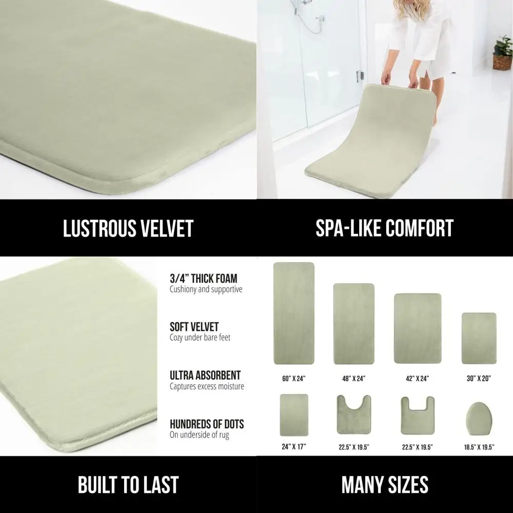 Sage Velvet Absorbent Bath Mat with Durable Dots, 60x24, Washable Rug for Shower or Tub, RV-Friendly
