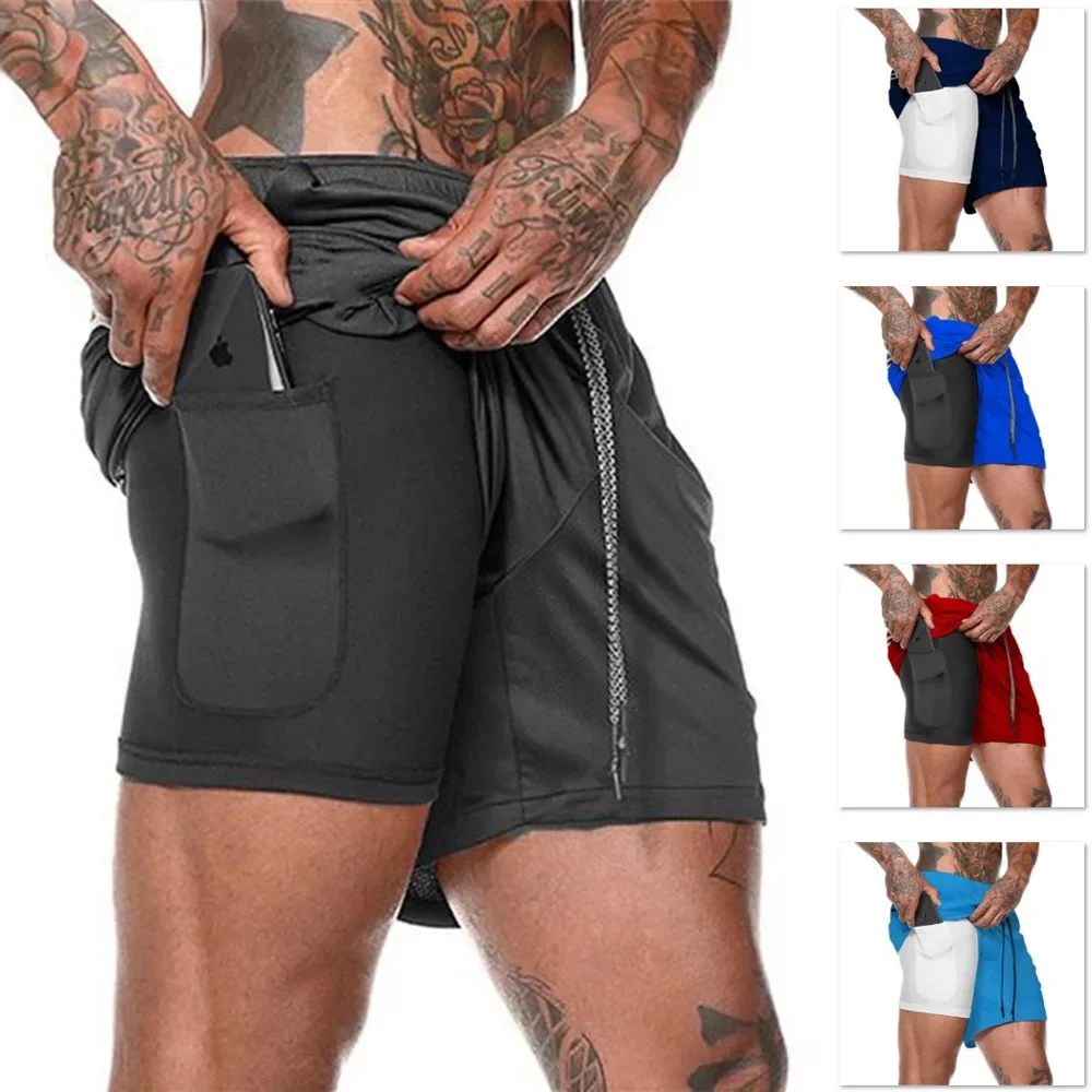 2023 European Men\'s Sports Summer New Double Layer Mobile Phone Pants Gym Exercise Jogging Training Shorts