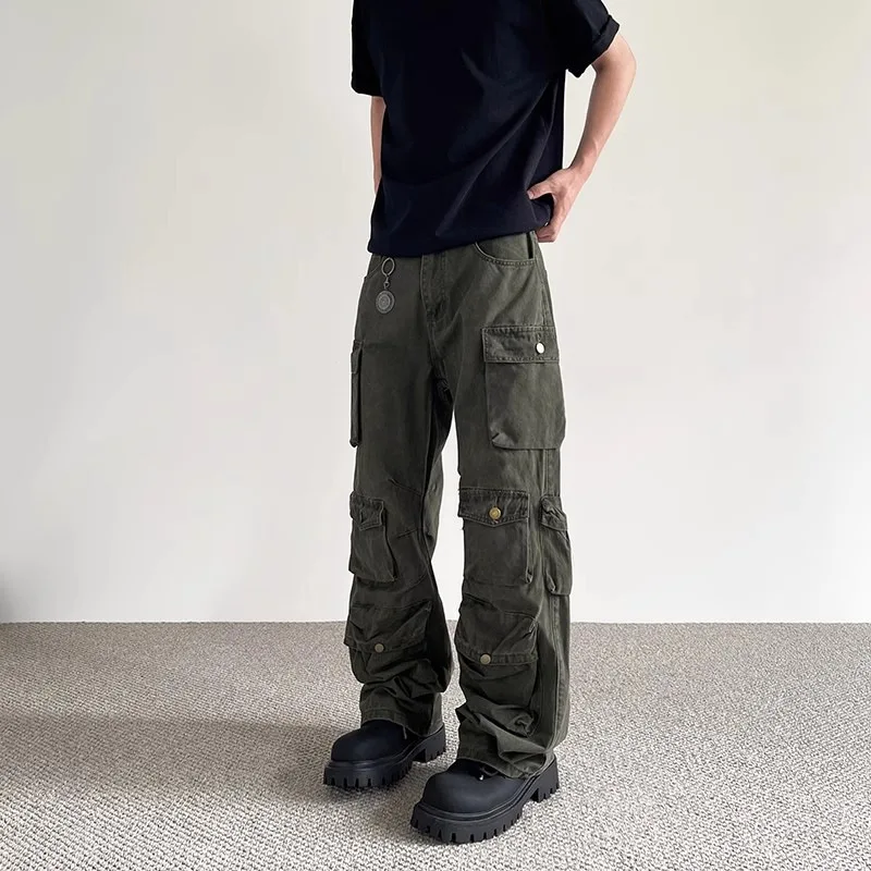 

2026 Men's New Cargo Pants Straight Wide Leg Multi Pockets Button Decor Comfort Casual Fashion Design Sense Full Length Trousers