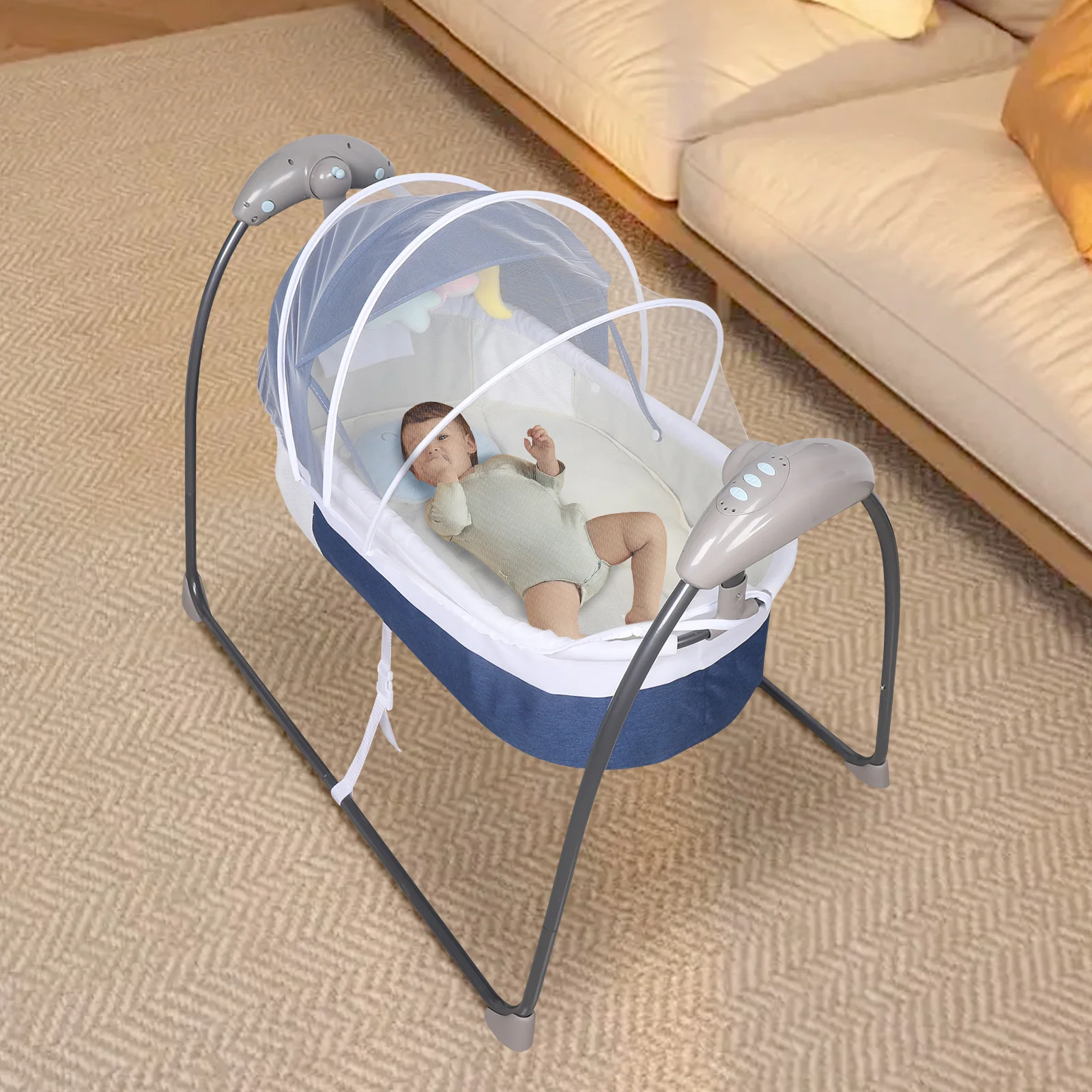 Blaues elektrisches Babybett Babybett automatische Schaukel intelligentes Bluetooth mit Moskito netz für Babys zwischen 0 und 12 Monaten