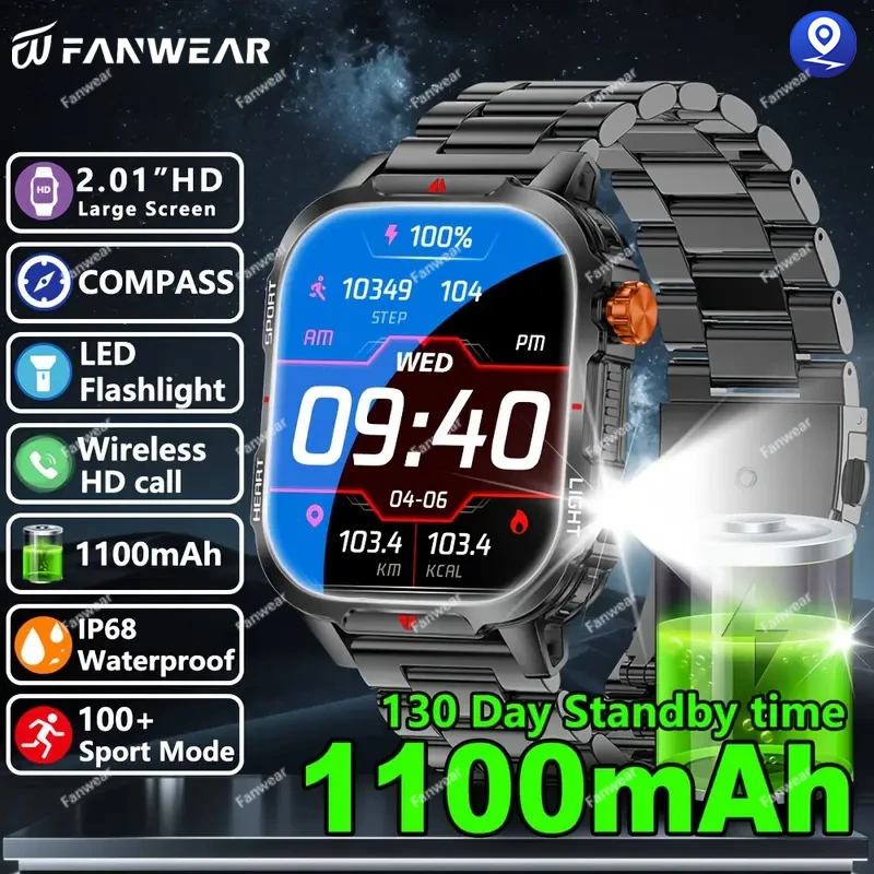 

Мужские умные часы с GPS-треком, Bluetooth-вызов, аккумулятор 1100 мАч, время ожидания 100 дней, экран 2,01 дюйма, IP68, водонепроницаемый трекер движения