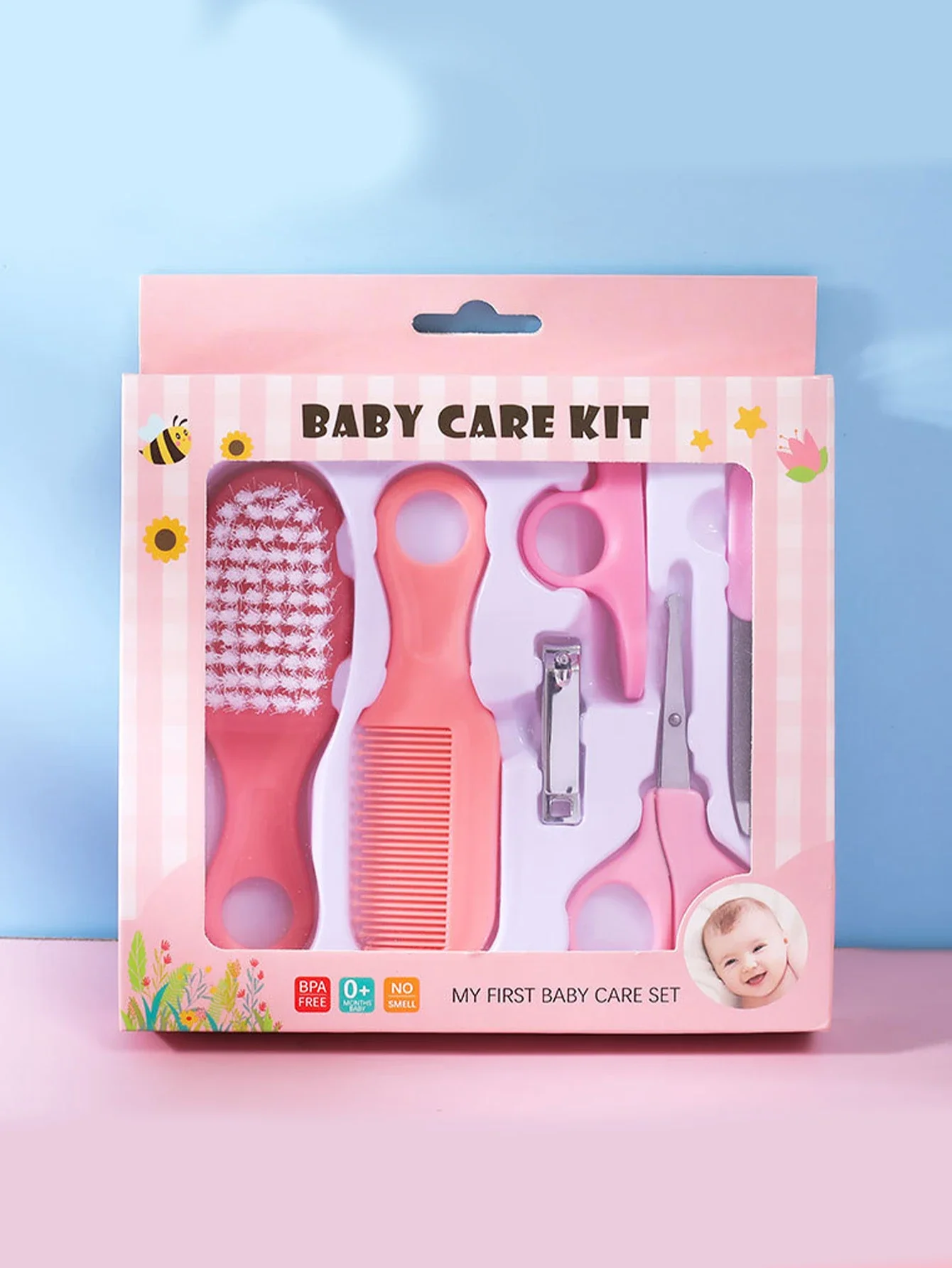 The 6-piece neonate nail and hair daily care kit includes a beauty brush comb for home use nail sets