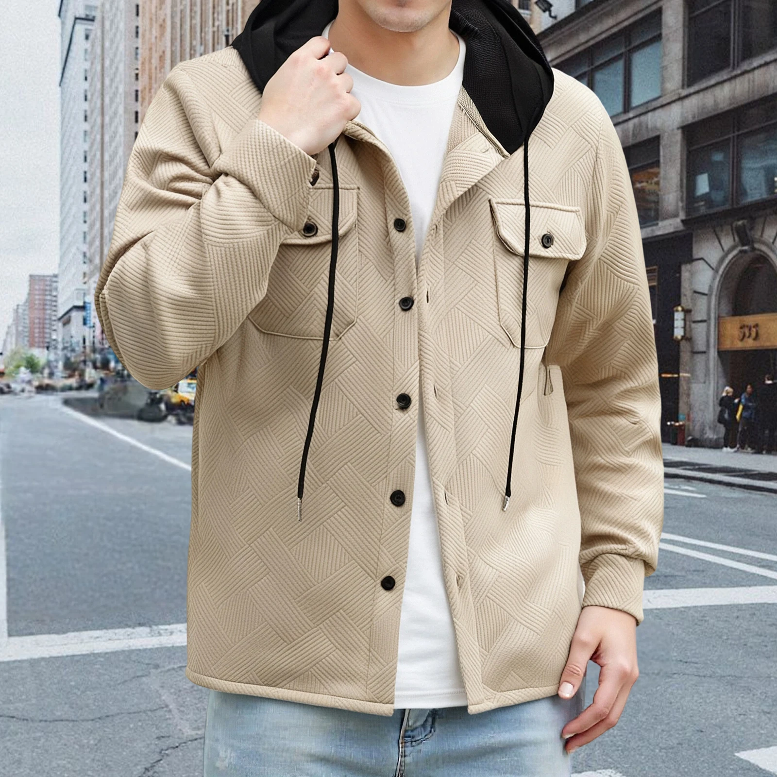 

Men's Hooded Jacket with Pocket Fashionable Casual Contrast Color Long Sleeve Button Down Hoodie