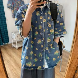 2024 Summer Men Vintage Denim Shirts Short Sleeve Floral Printed Blouse Casual Loose Male Jean Coats Single-breasted Pocket Tops