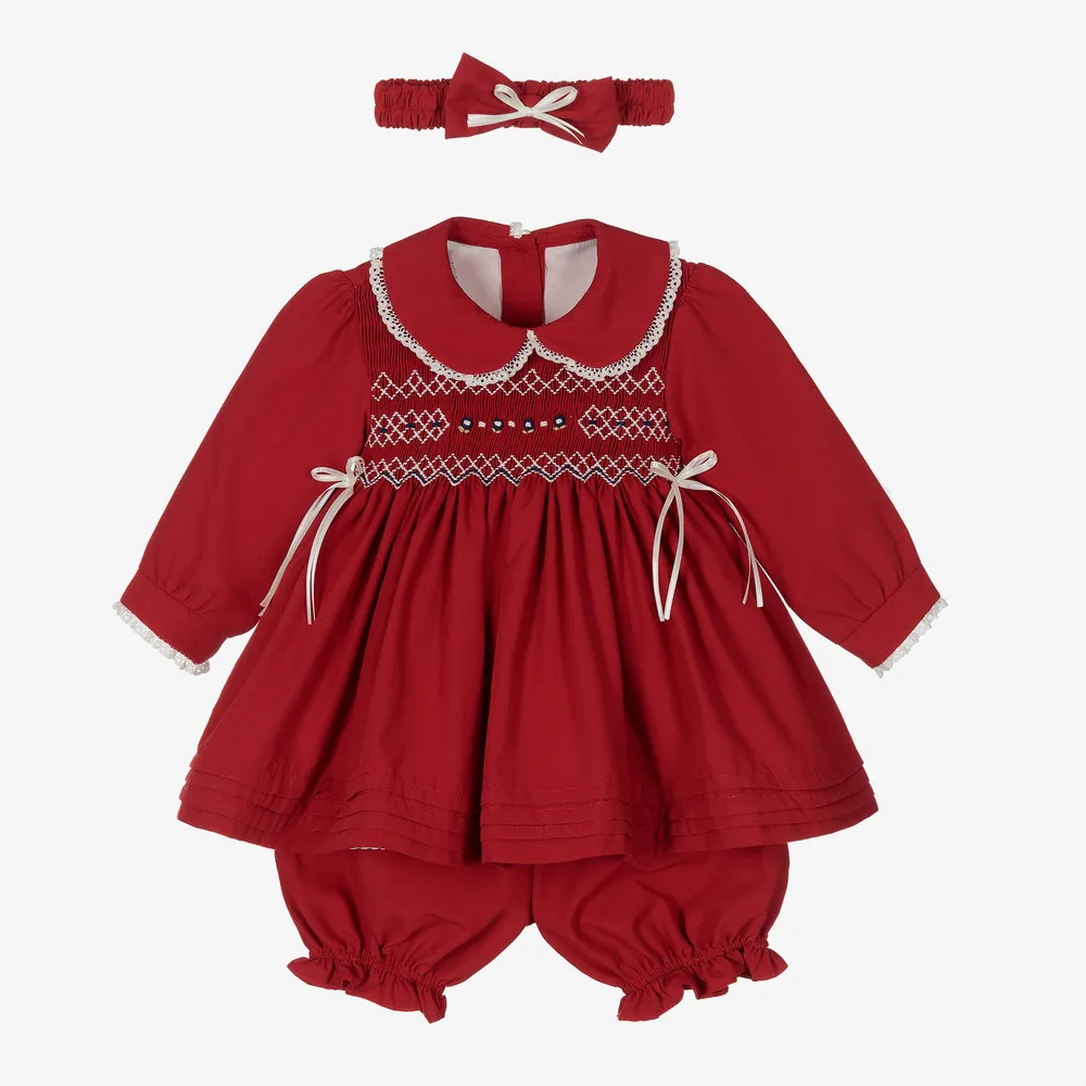 

Baby Girl Red Hand- made Smocking Vintage Spanish Ball Princess Lolita Dress with Headband for Christmas Birthday