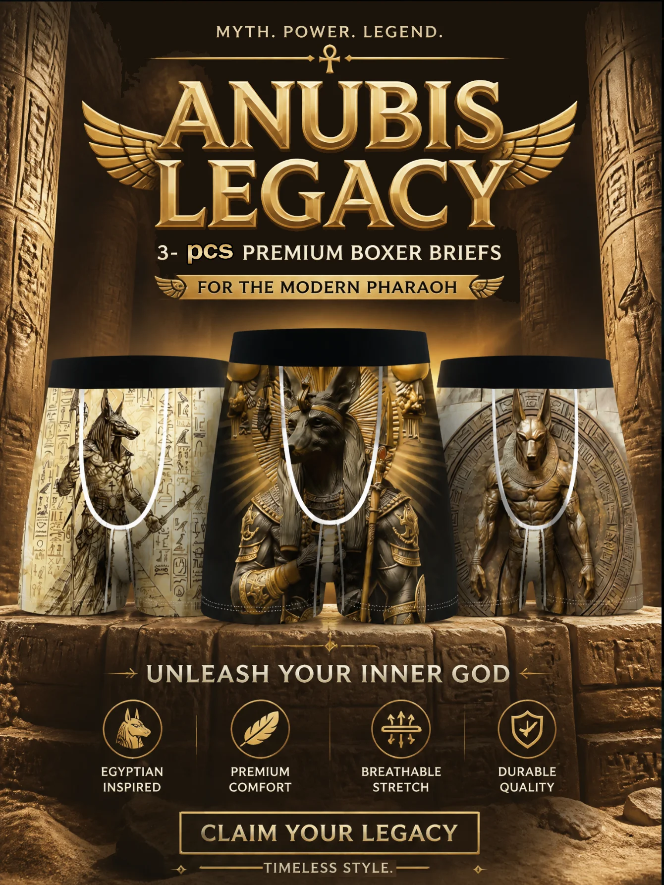 3 Pieces Male Boxer Briefs Ancient Egypt Anubis Print Underwear Ultra Soft 4-Way Stretch Underpants