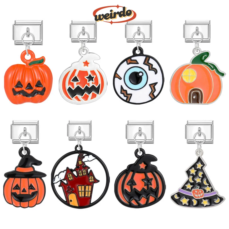 Weirdo Retro Pumpkin Eyes Castle Hat Italian Charm Links Fit 9mm Bracelet Stainless Steel DIY Jewelry Making Halloween Gift