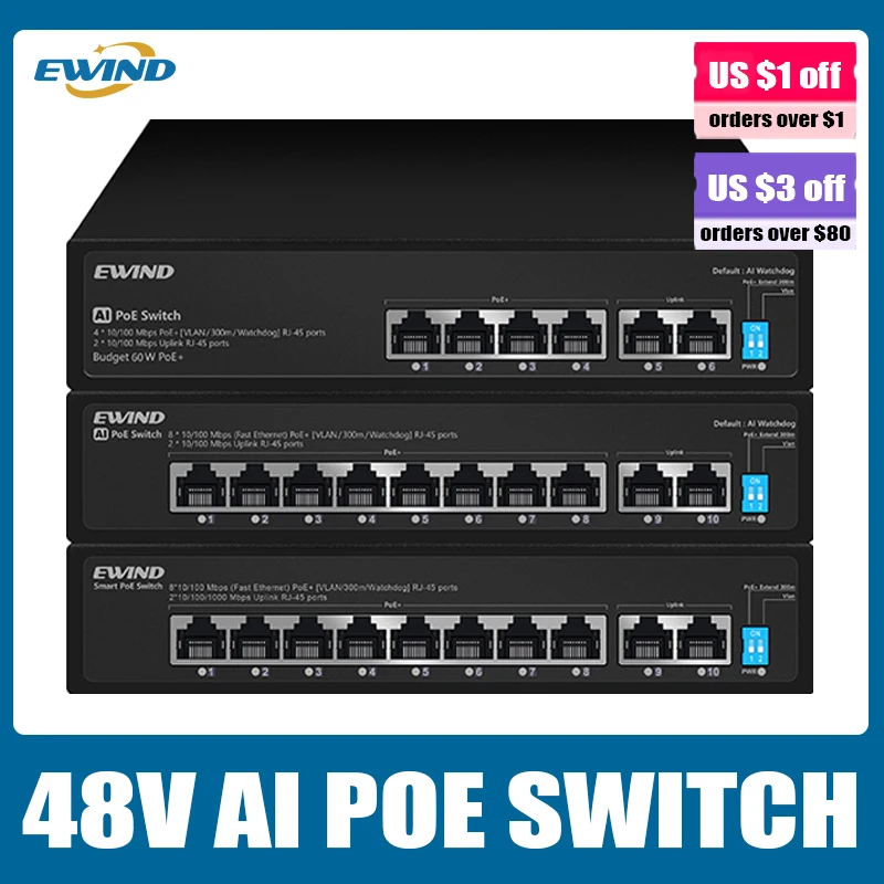 Ewwind 6/10 port POE Switch 10/100M, saklar Ethernet dengan 2 10/100M RJ45 port jaringan pintar AI Switch untuk IP kamera/AP nirkabel