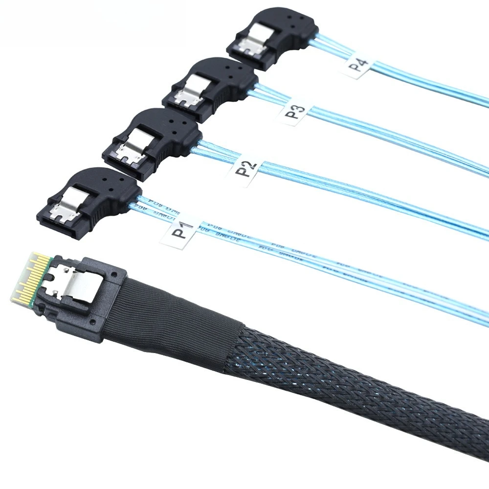 PCI-E Slimline SAS 4.0 38Pin SFF-8654 4i Turn 4 SATA 7P Female Left Bend Cable Length Optional 0.5M 1M