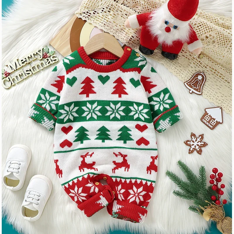 

0-18m Red Reindeer Knit clothes Infant Winter Newborn Christmas Rompers Boys Girl Long Sleeve Playsuits Hats Set Toddler Outwear