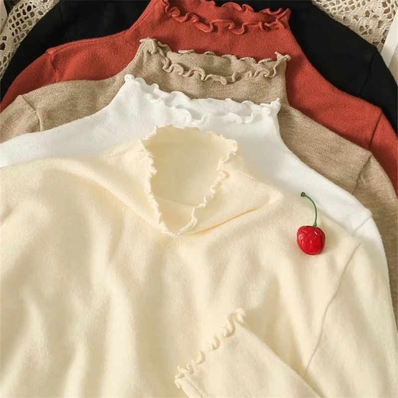 2024 Autumn Winter Fashion Fungus Half Turtleneck Sweater Women Warm Knitted Pullovers Female Long Sleeve Slim Bottom Knitwears