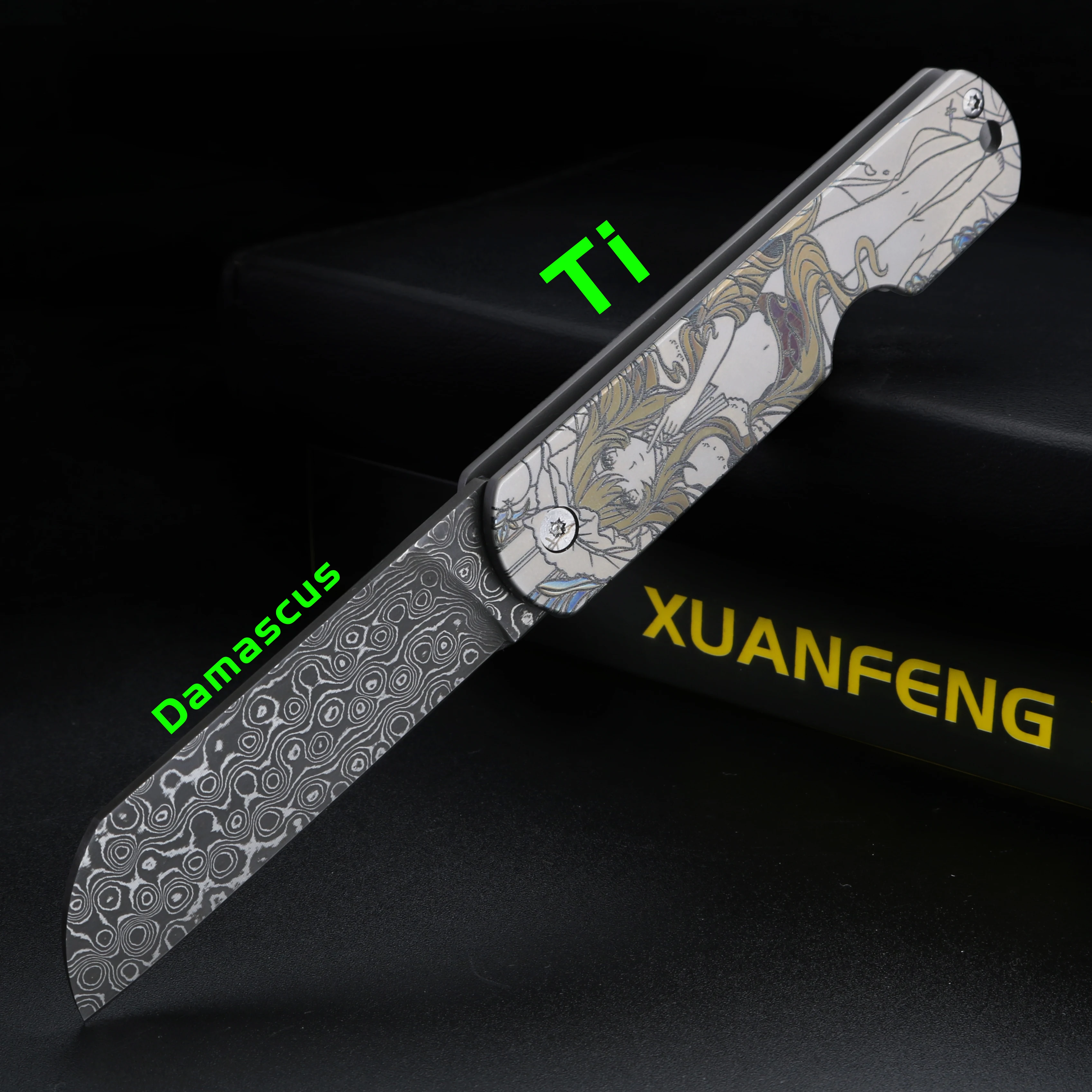 

Titanium alloy handle folding knife Damascus steel fruit peeling knife color carving portable pocket knife
