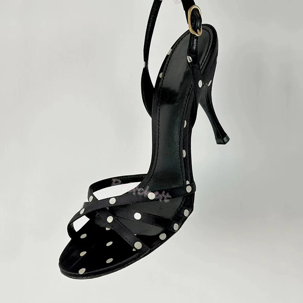 

Retro Polka Dots Round Open Toe Women Sandals Thin High Heels Ankle Strap Buckle Black Women Stilettos Sexy Summer Shoes New