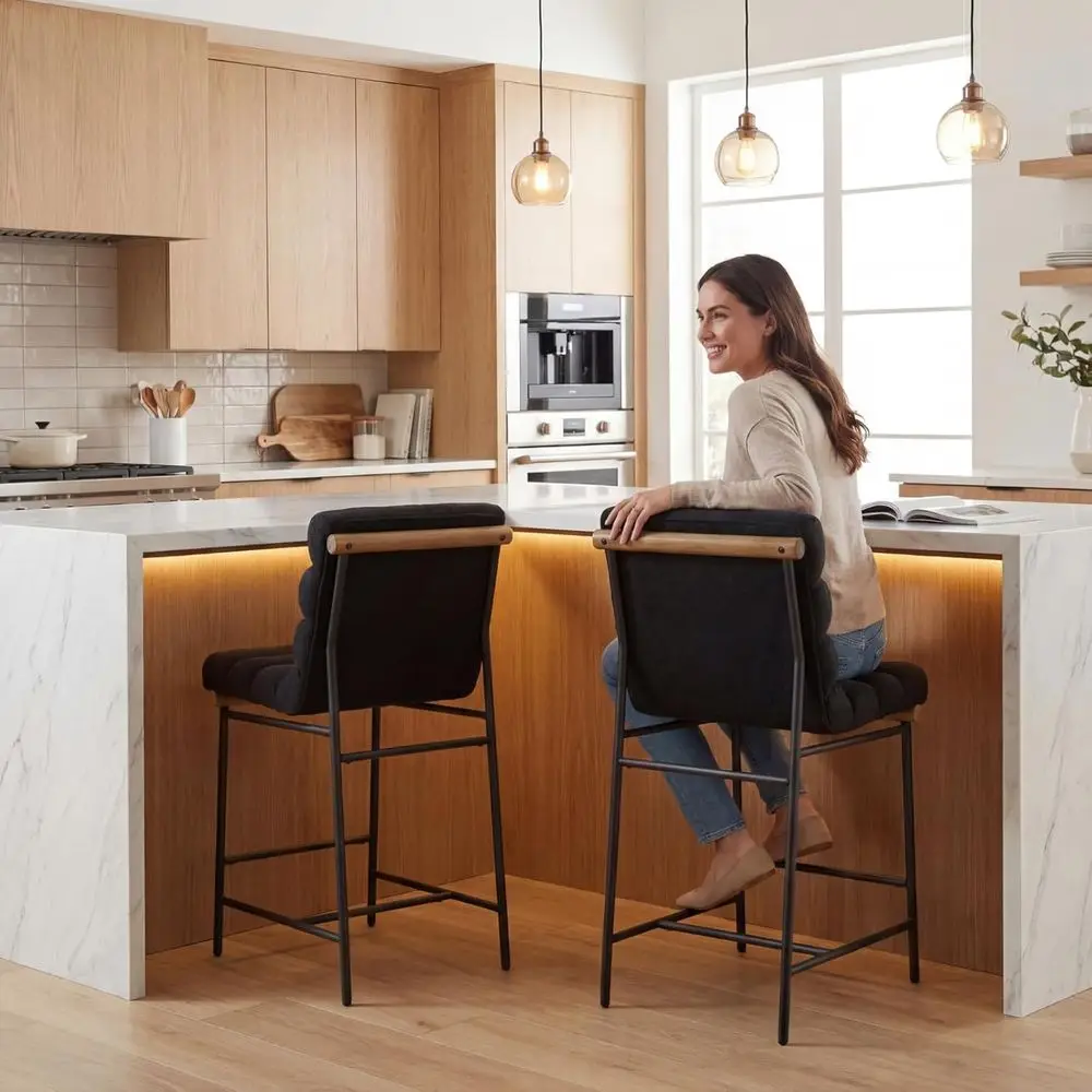 

Комплект из 2 барных стульев с льняной обивкой, высотой до столешницы, с изогнутой спинкой, черная металлическая рама, для кухонного острова