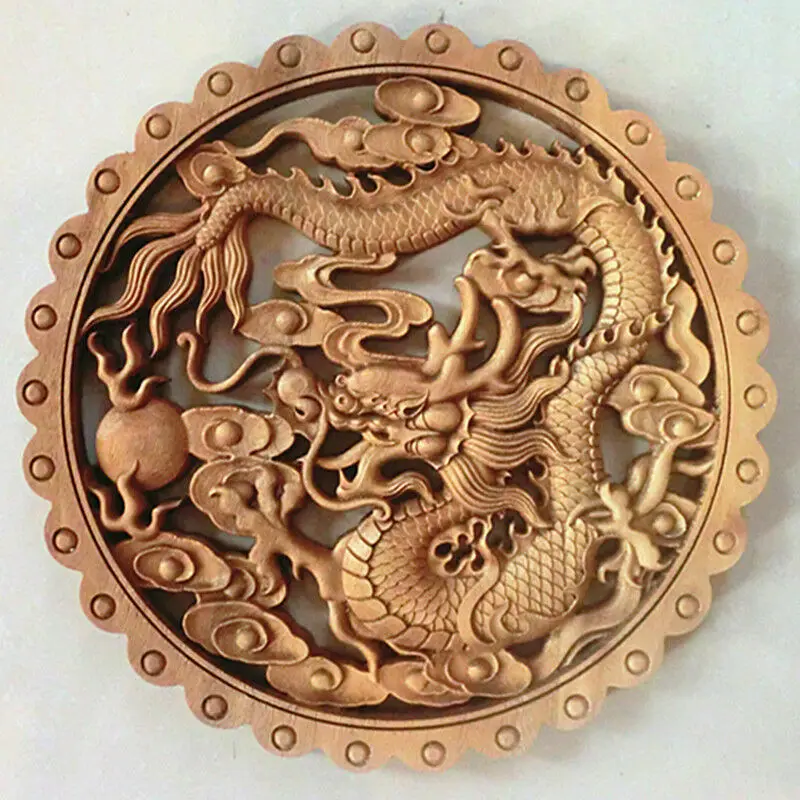 

Art Chinese Hand Carved Dragon Statue Camphor Wood Plate Wall Hanging Sculpture