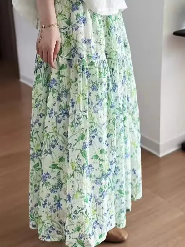 

Юбка миди с цветочным принтом, женская летняя юбка-трапеция с эффектом многослойности, длинная юбка с люверсами на талии, элегантный стиль, повседневный свободный крой