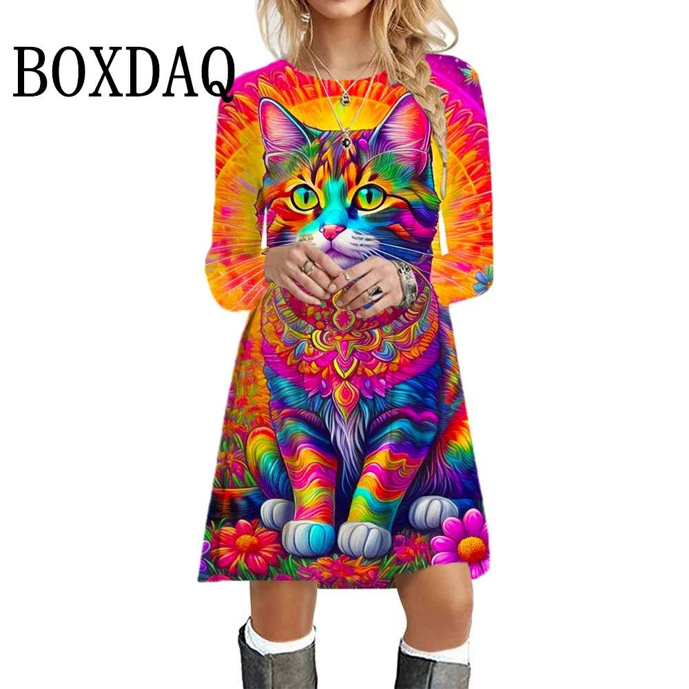 

Sweet Colorful Gradient Cat Printed Women Dresses Funny Cute Floral Long Sleeve O-Neck Loose Mini Dress 2024 Autumn Winter Dress