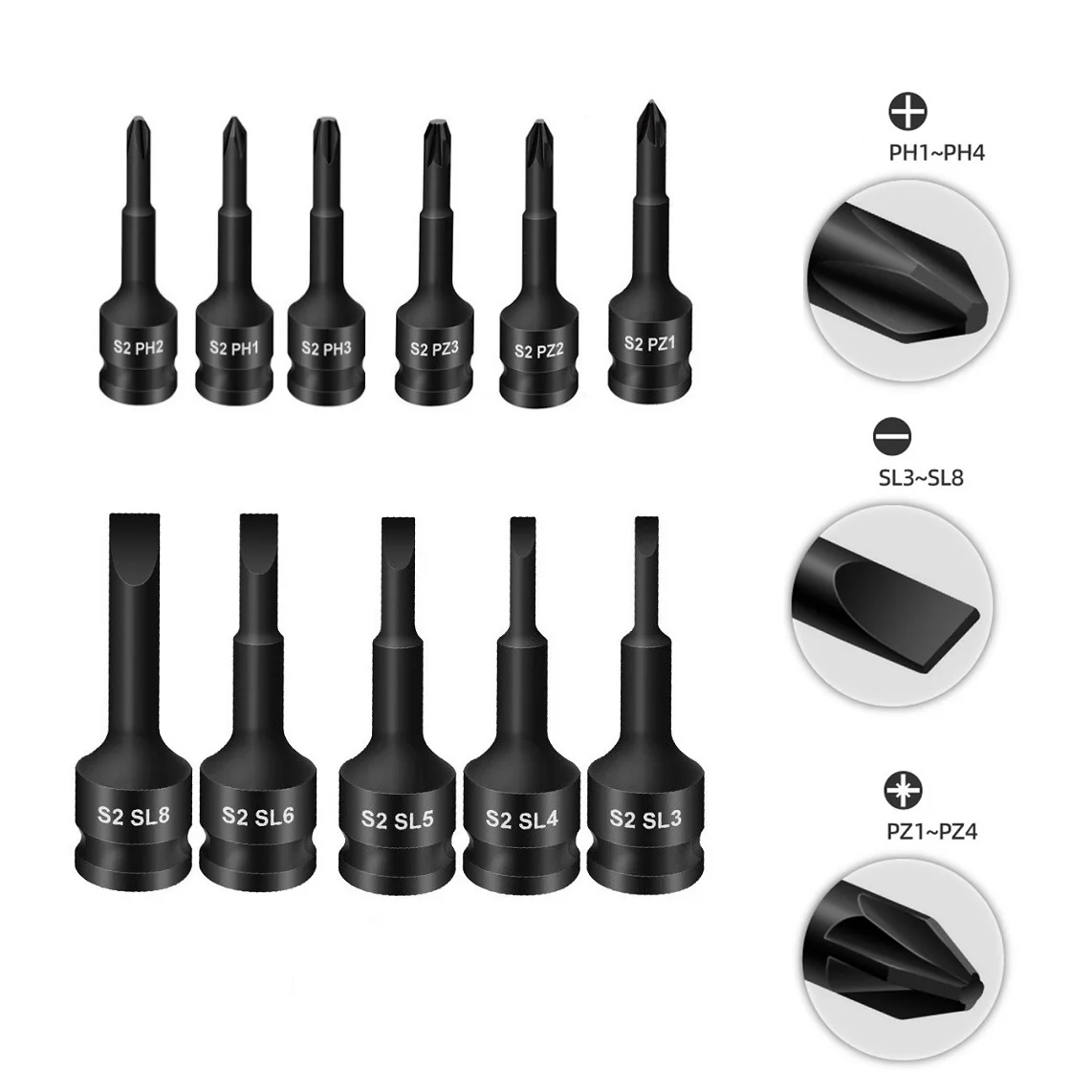 

Screwdriver Bit Socket Adapter PH1/PH2/PH3/PH4/PZ1/PZ2 PZ3/PZ4/SL3/SL4/SL5 3/8 Inch (10mm) 60mm Length Black.1 Pcs